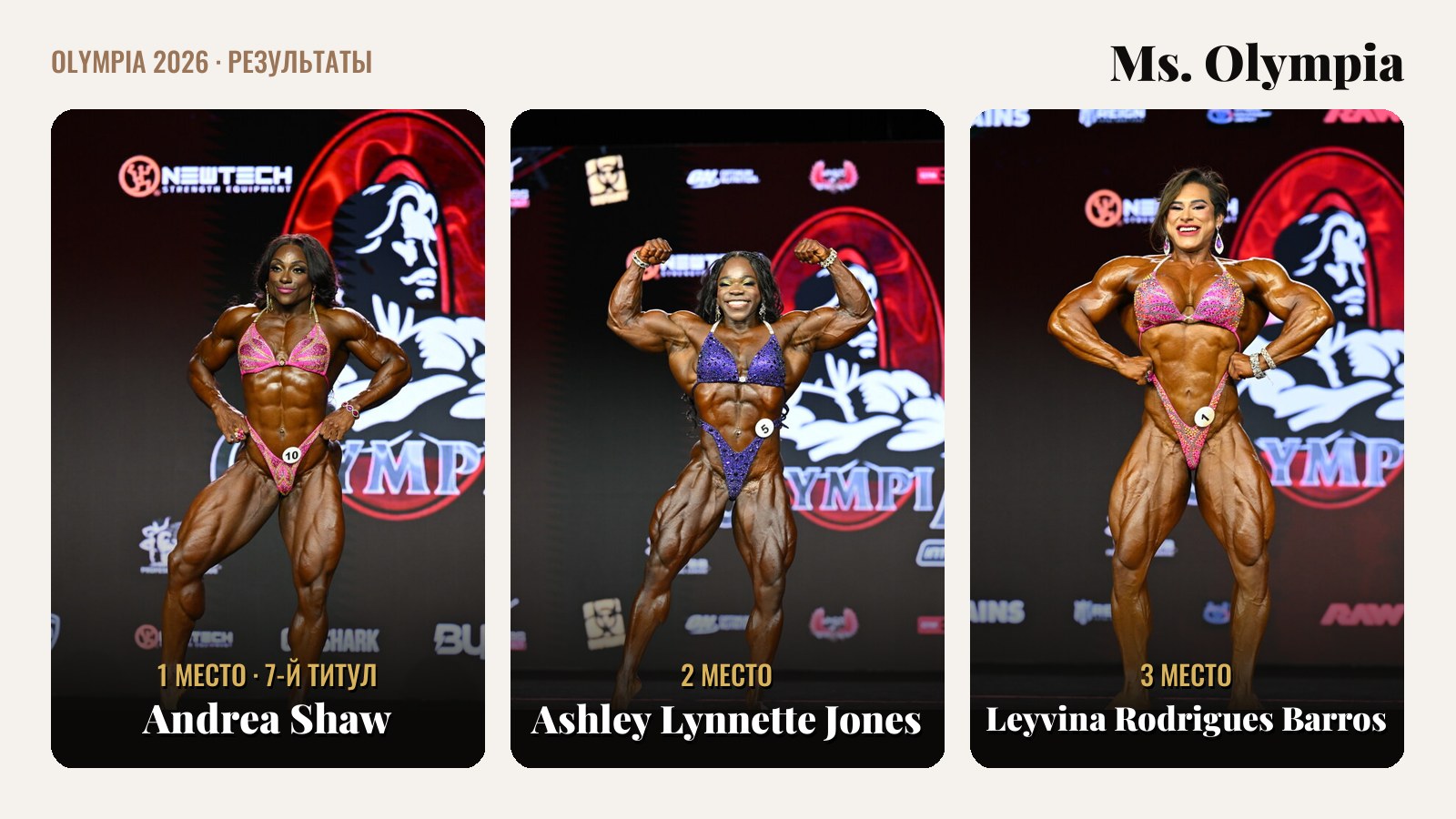 Ms. Olympia 2026 — Andrea Shaw, Ashley Lynnette Jones, Leyvina Rodrigues Barros