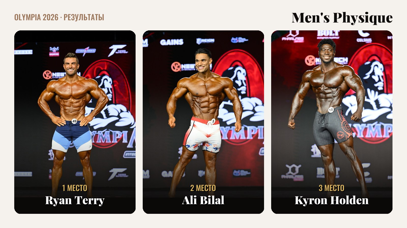 Men's Physique на Olympia 2026 — Ryan Terry, Ali Bilal, Kyron Holden
